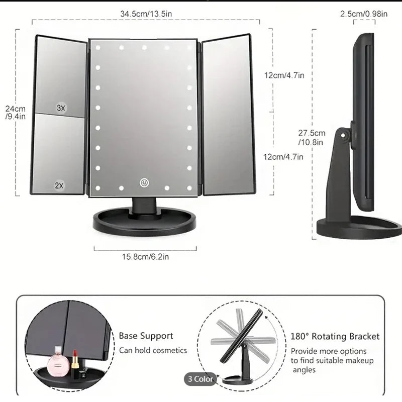 Espejo de tocador plegable con luces LED, aumento de 1/2/3X