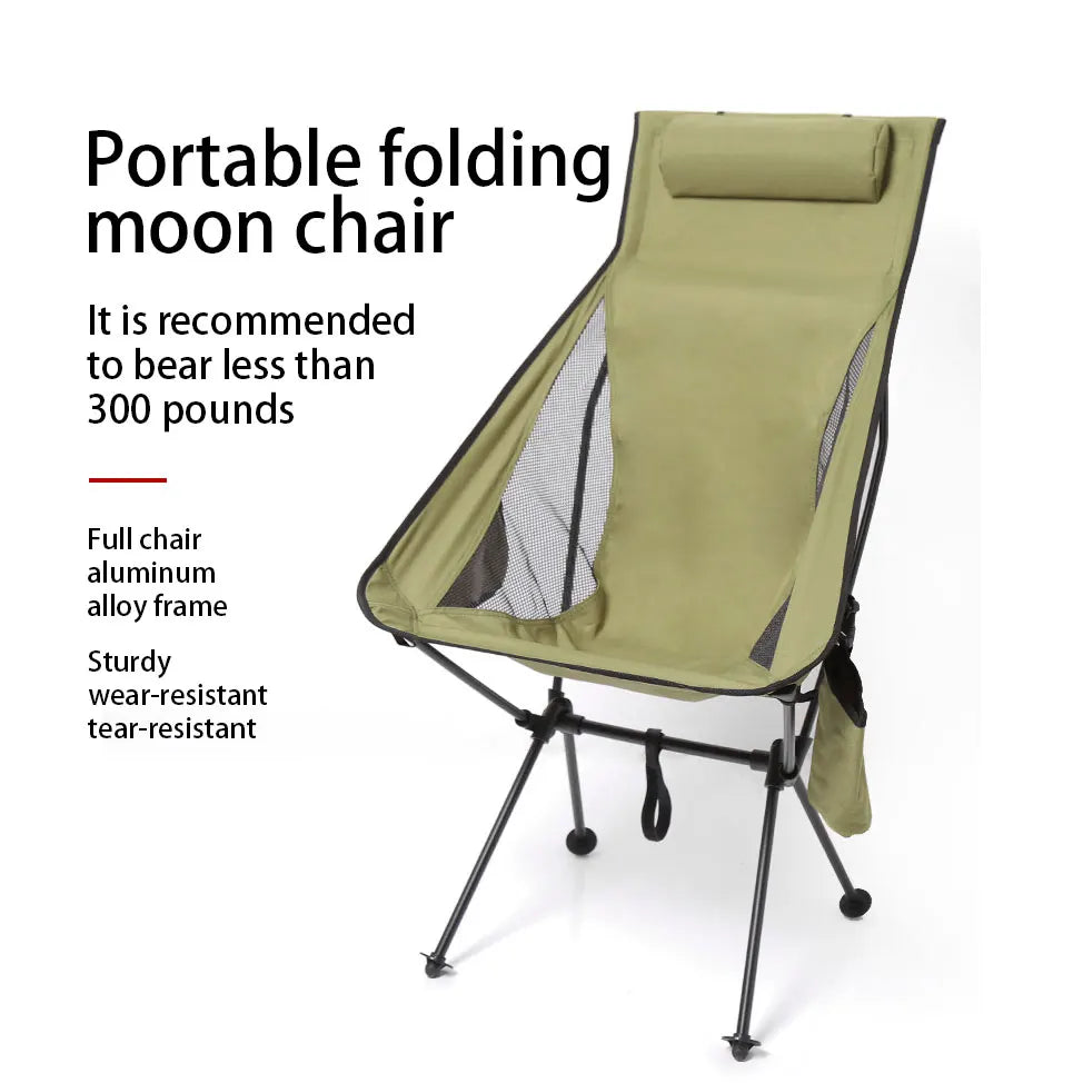 Silla de camping plegable portátil con reposacabezas.