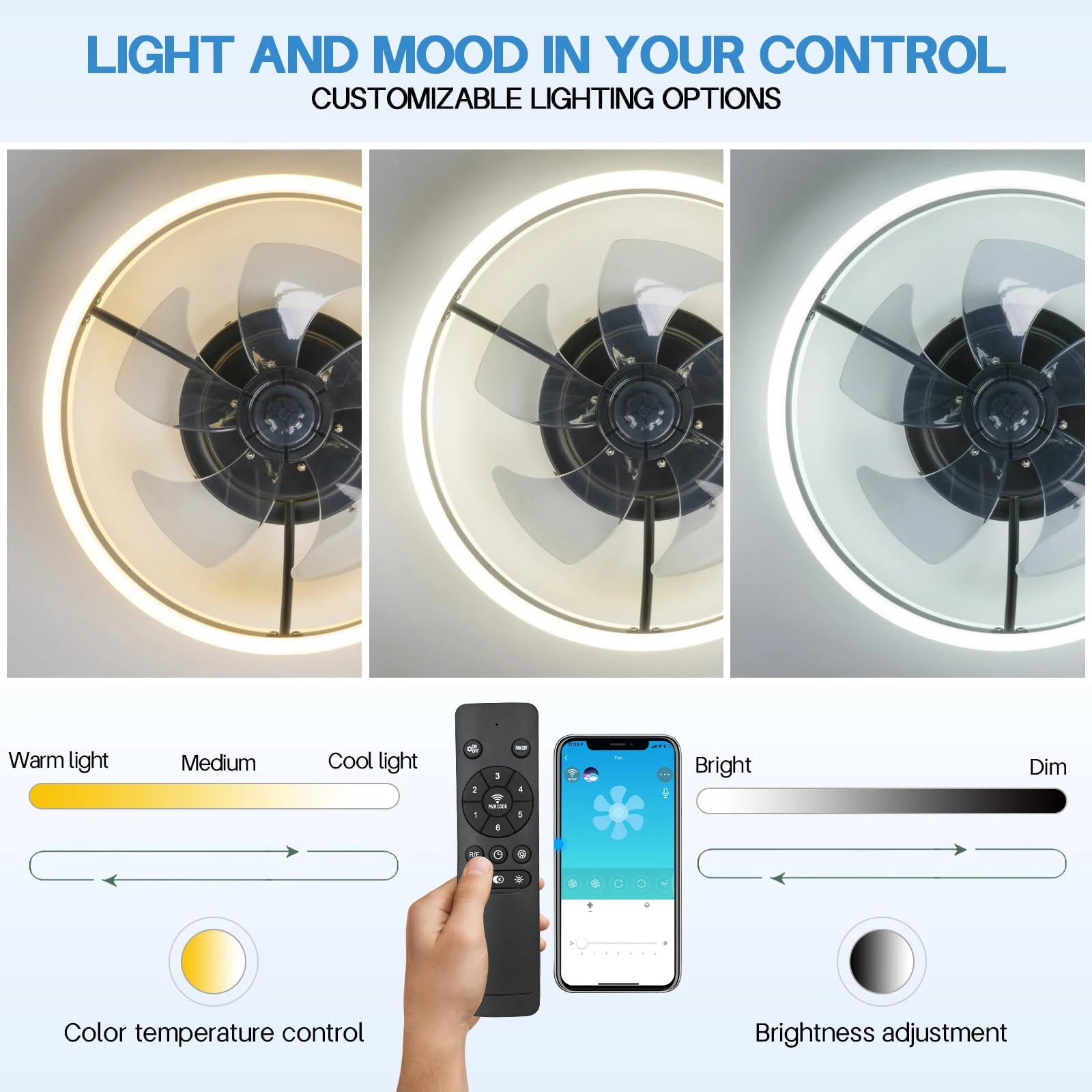 Ventilador de techo con control remoto inteligente e iluminación LED