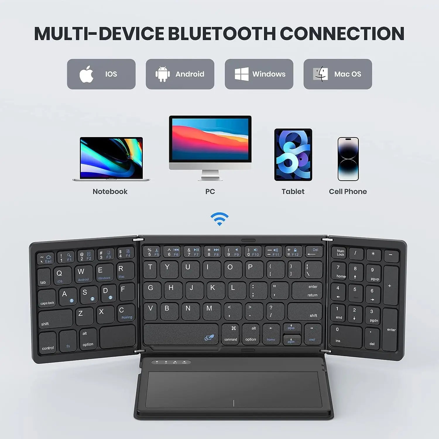 Teclado plegable portátil con panel táctil, inalámbrico