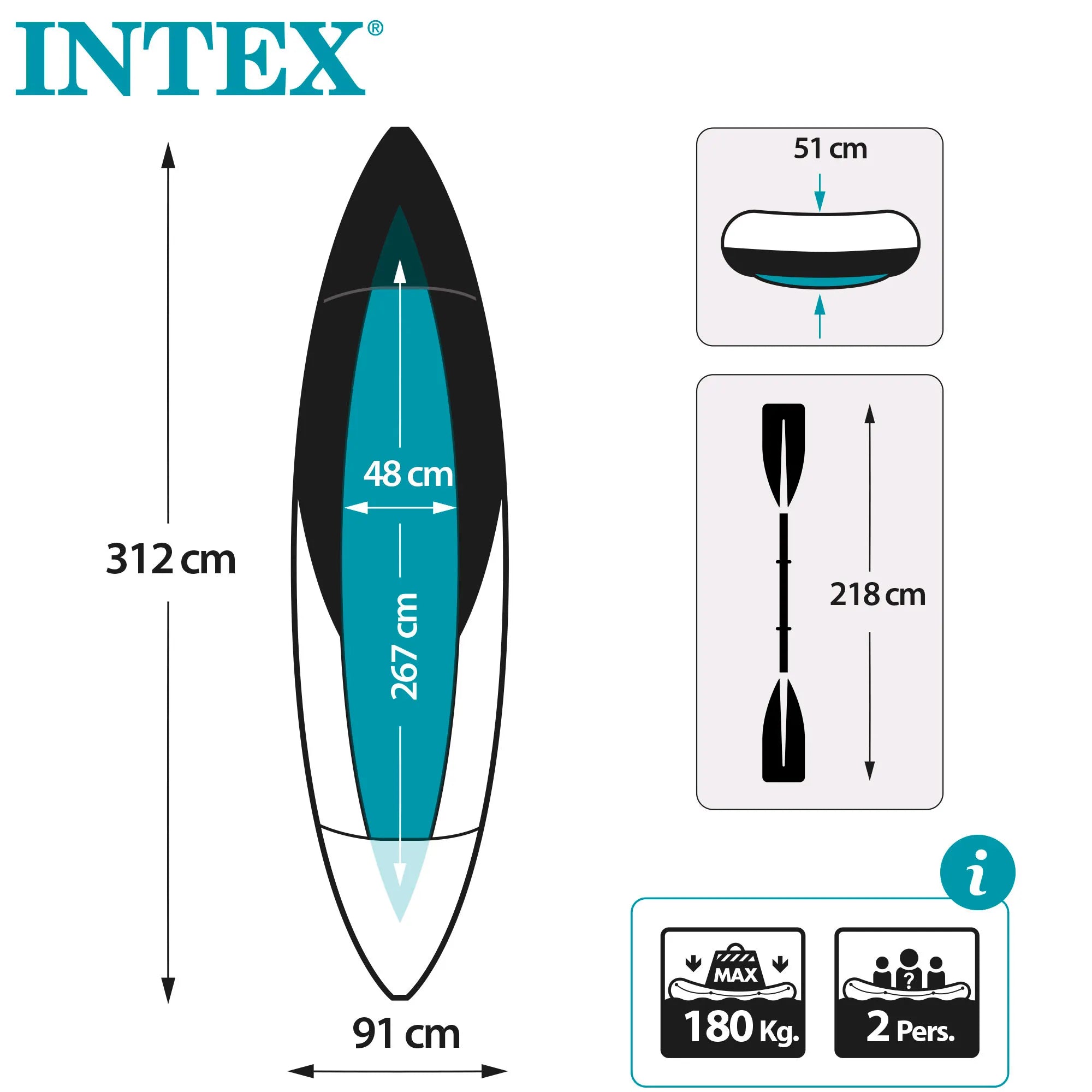 Kayak inflable con remos e inflador.