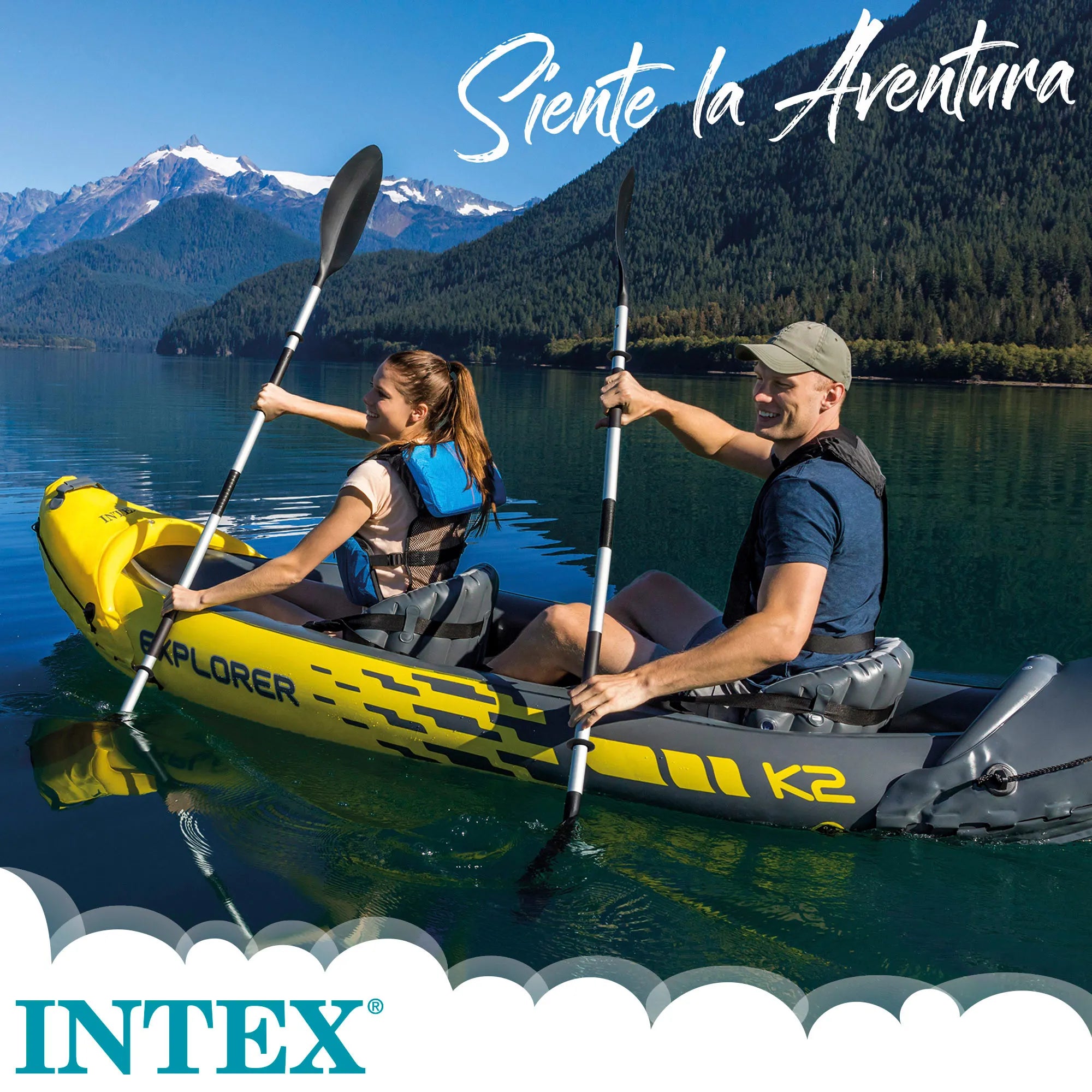 Kayak inflable con remos e inflador.